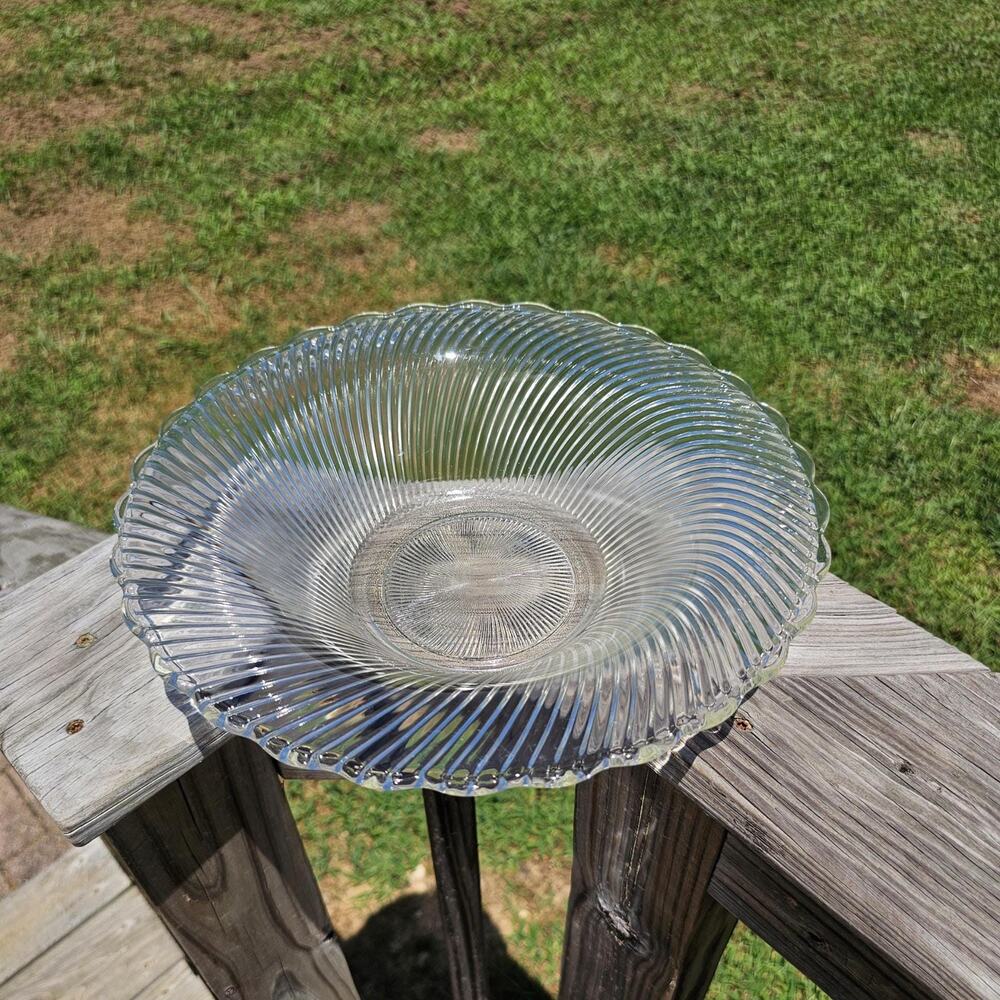 Vintage Federal Glass Diana Bowl: Clear Ribbed Swirl, Scalloped Edges